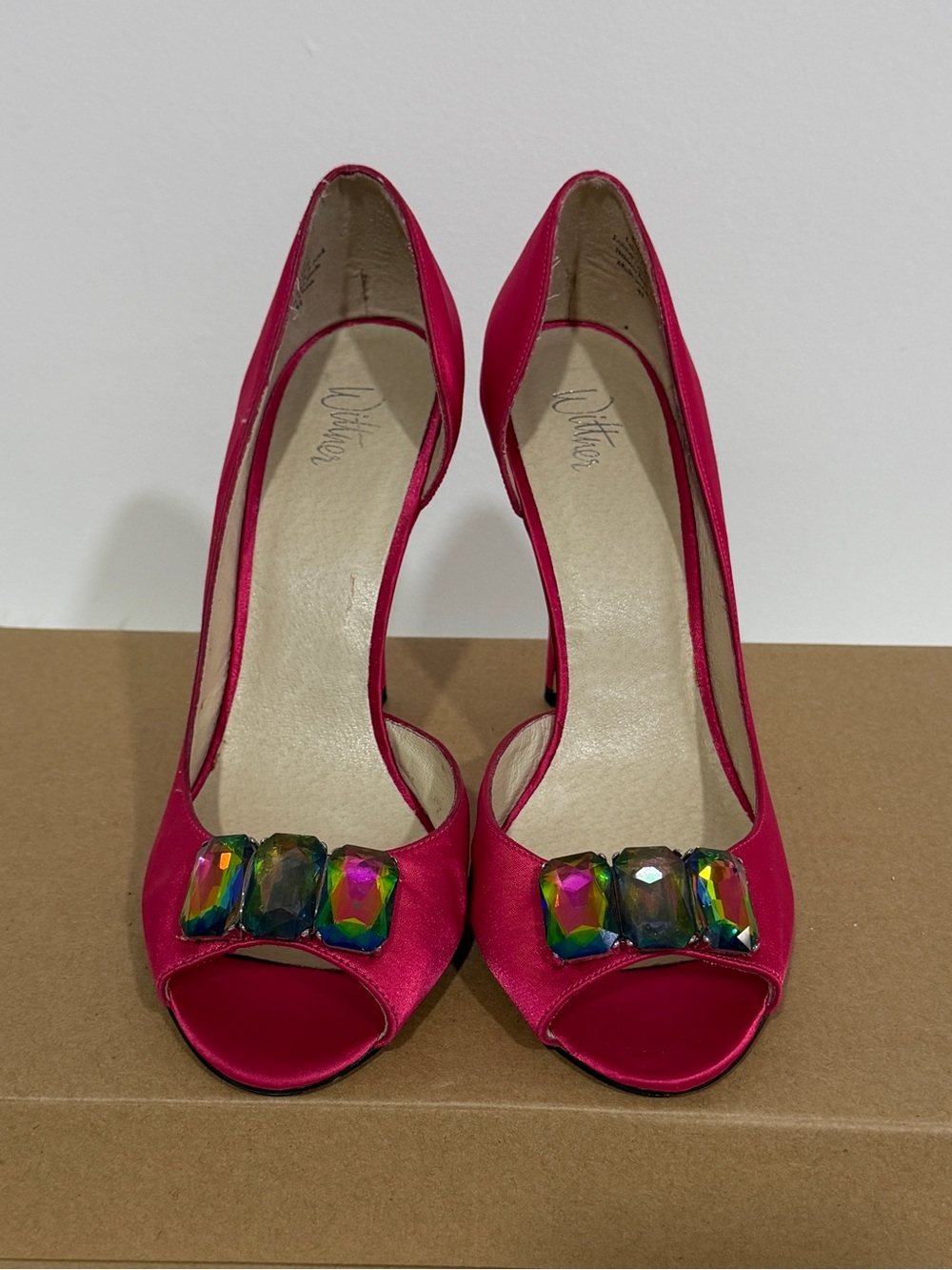 Wittner Fuchsia Open-Toe Heels with Iridescent Gem Accent Ladies
